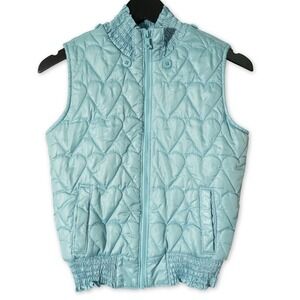 Old Navy Quilted Puffer Vest‎ Girls XL Light Blue Zip Front Smocked Hearts